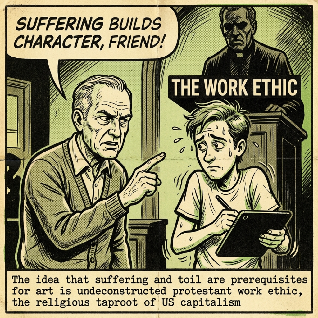 Vintage comic panel: An older man shouts "SUFFERING BUILDS CHARACTER, FRIEND!" at a sweating artist. Text below calls the "suffering for art" myth a Protestant taproot of US capitalism.
