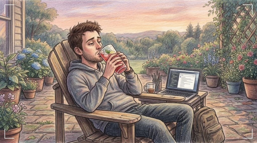 Colored pencil sketch of a tired tech worker in a hoodie, relaxing in a patio chair at sunset. He slumps while sipping a raspberry iced tea, an open laptop sitting on the side table.