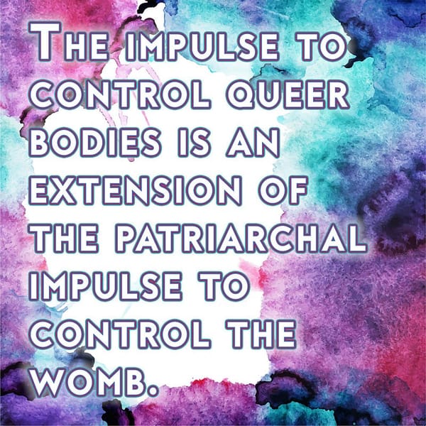 Text on a watercolor background reads: "The impulse to control queer bodies is an extension of the patriarchal impulse to control the womb."