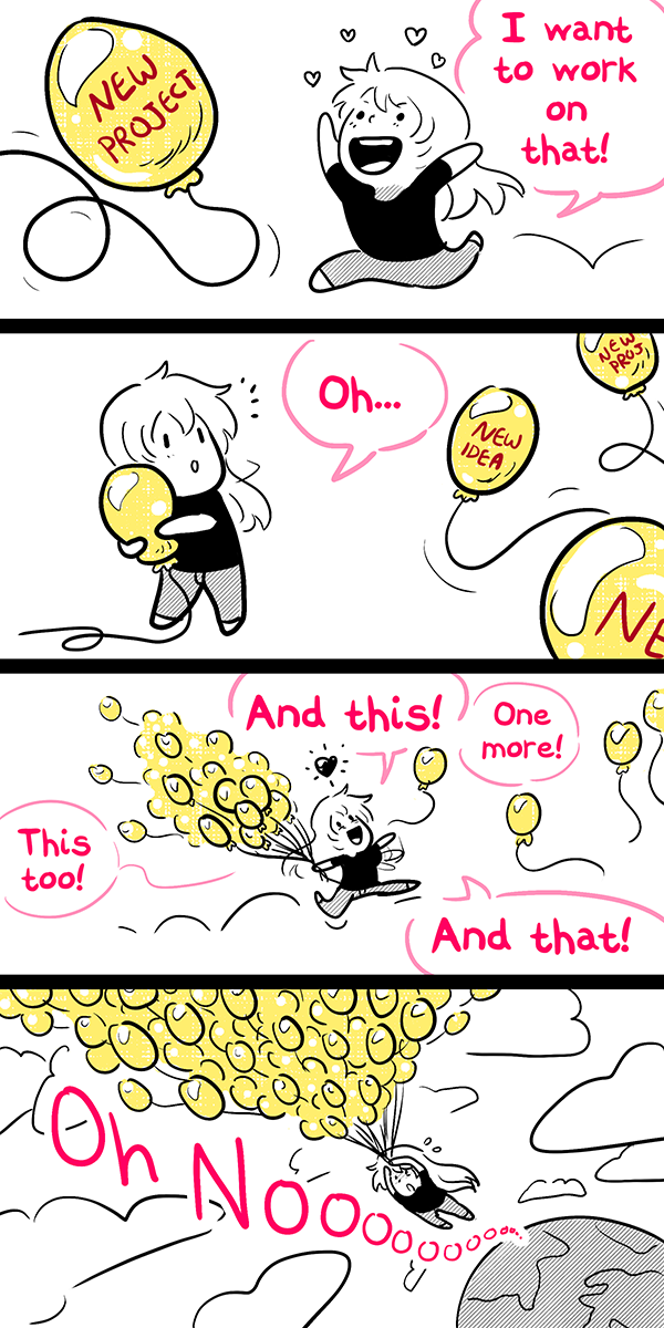 A person grabs a "new project" balloon, then more and more, until they're lifted into the sky by too many balloons, overwhelmed and shouting "Oh Nooooo" as they float away from Earth.