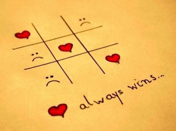 A tic-tac-toe game shows hearts winning against sad faces, with the phrase "heart always wins..." written below in cursive.