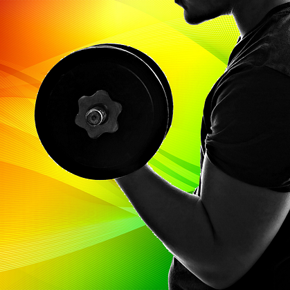 A person in a dark shirt lifts a dumbbell, shown in silhouette against a vibrant red, yellow, and green abstract background.