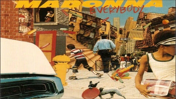 A colorful, collage-style city street scene with kids, a police officer, a dog, and graffiti. The text "MADONNA" and "EVERYBODY" appears at the top, referencing Madonna's single.