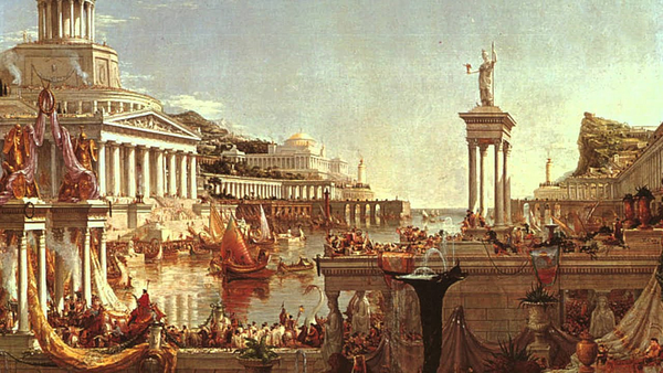 A classical painting depicts an ancient, grand city with Greek or Roman architecture, columns, statues, and a busy harbor filled with boats and people celebrating.