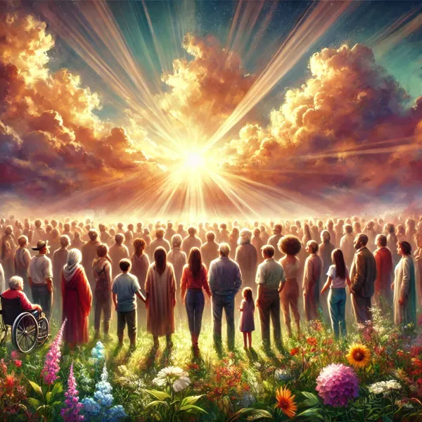 A diverse crowd stands in a field of flowers, facing a radiant sunrise breaking through dramatic clouds.