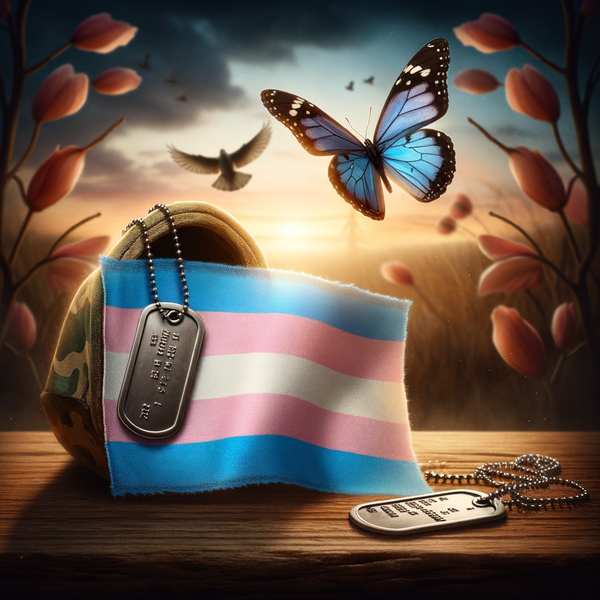 A camouflage helmet, dog tags, and a transgender flag rest on a wooden surface at sunset. A blue butterfly and birds fly above, with flowers in the background.