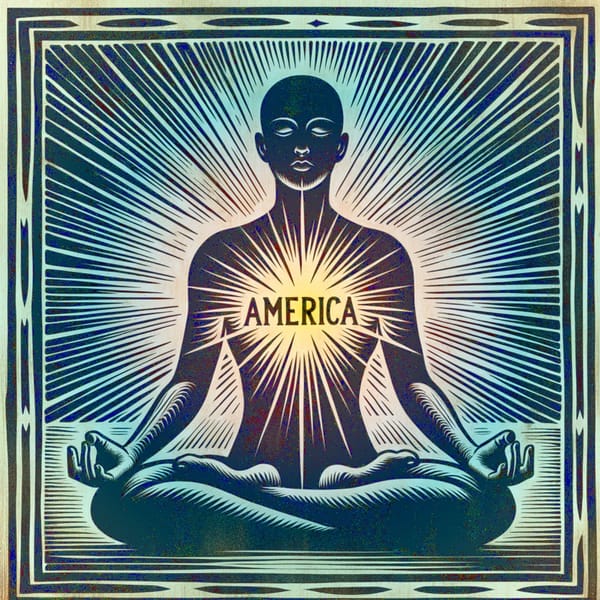 A person meditating in lotus pose with rays radiating from their chest, which glows with the word "AMERICA" at the center.