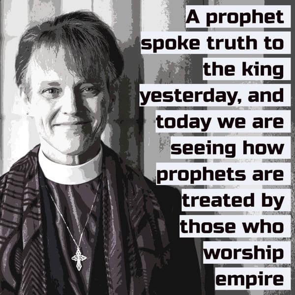 A person in clerical attire with a cross necklace and text: "A prophet spoke truth to the king yesterday, and today we are seeing how prophets are treated by those who worship empire."