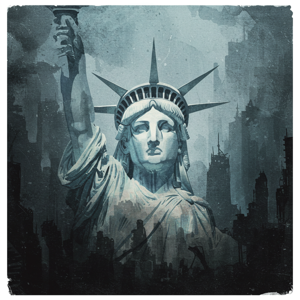 The Statue of Liberty stands amid a dark, ruined cityscape. The image has a blue-gray tone and the statue’s face is blurred, evoking a somber, post-apocalyptic mood.