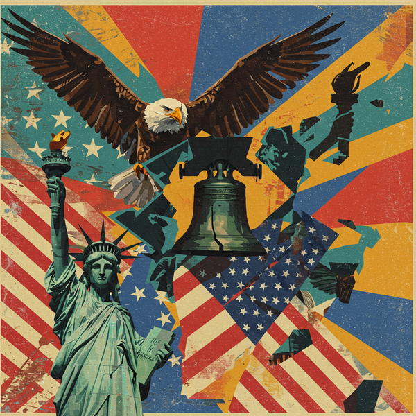 A stylized collage features the Statue of Liberty, a bald eagle, the Liberty Bell, and American flags with a colorful, vintage background. The faces are blurred for anonymity.